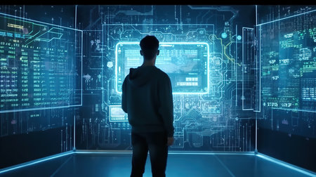 Back view of businessman looking at hologram screen with numbers and symbolsの素材