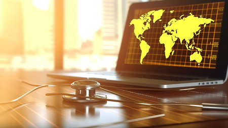 Stethoscope and laptop with world map on screen. Healthcare and medical concept. 3D Renderingの素材