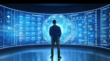 Man in front of hologram screen with binary code. Artificial intelligence conceptの素材