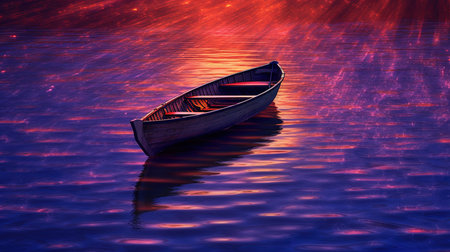 Boat on the river at night in the light of the sunの素材