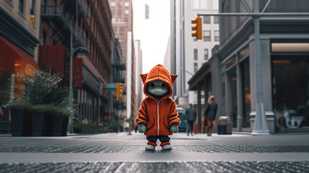 3d render of a little boy in an orange hoodie standing in the streetの素材