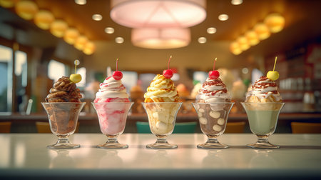 Ice cream sundae in glass cup on table in cafe, stock photoの素材