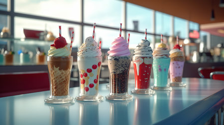 Delicious milkshakes in glasses on table in cafe, closeupの素材