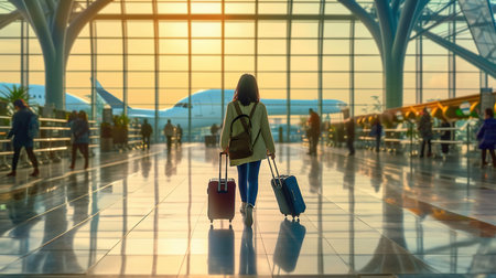 Young woman with luggage at the airport terminal. Travel and vacation concept.の素材