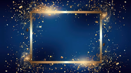 Abstract blue background with golden frame and confetti. Vector illustration.の素材