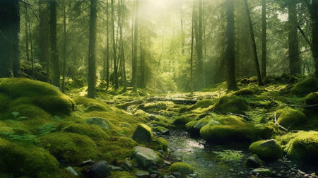 Beautiful river in the forest with green moss and sun rays.の素材