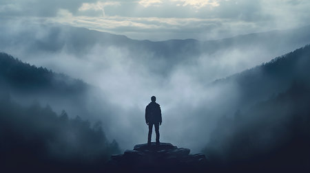 Silhouette of a man standing on a rock and looking at the misty valleyの素材