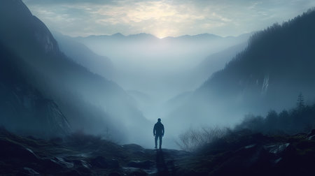 Silhouette of a man standing in the middle of a misty valleyの素材