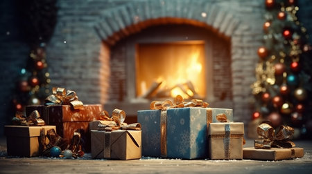 Gift boxes in front of fireplace with christmas tree on backgroundの素材