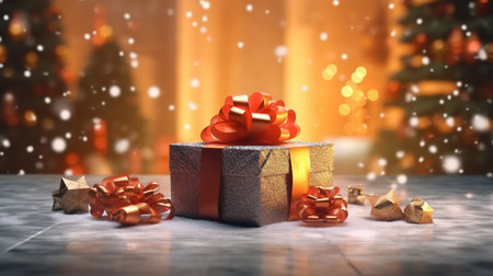 Gift box with red bow on Christmas background. 3d renderingの素材