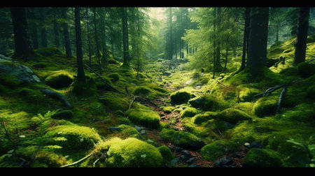 Fantastic forest with green mossy rocks and trees in sunlightの素材