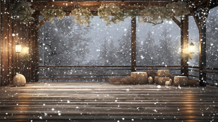Wooden terrace in winter with snowfall. 3d renderingの素材