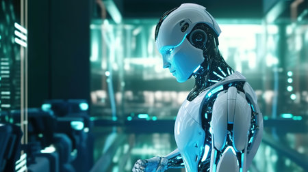 Robot humanoid or female cyborg working in a modern office 3D renderingの素材