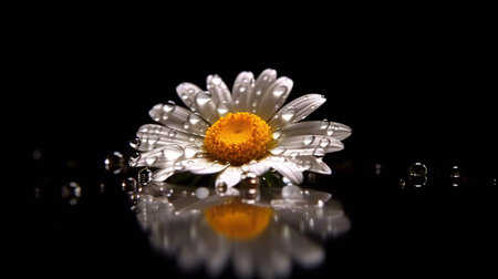 Beautiful daisy flower on a black background with water drops.の素材
