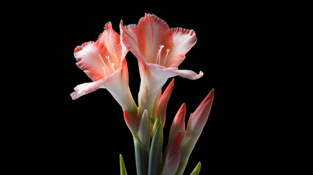 Beautiful gladiolus flower isolated on black background, close upの素材