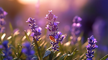 Lavender flowers and ladybug in the morning sunlight. Nature backgroundの素材