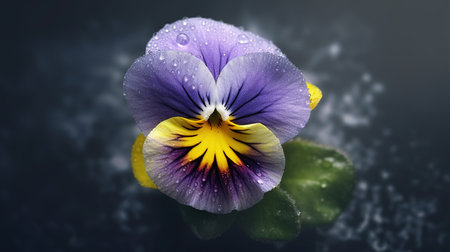 Purple and yellow pansy flower with water drops on dark backgroundの素材