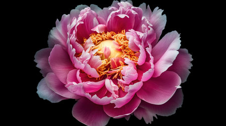 peony flower on a black background close-up, top viewの素材