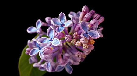 Beautiful lilac flowers on a black background, close-upの素材