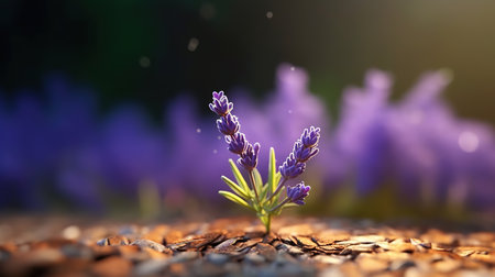 Lavender flowers growing in the soil. 3D illustration.の素材