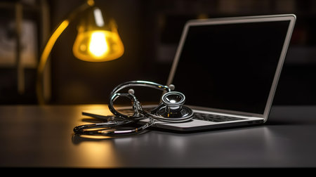 Stethoscope and laptop on the table in the dark room.の素材
