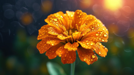 Beautiful marigold flower with drops of dew on blurred backgroundの素材