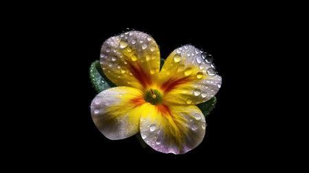 Yellow primula flower with water drops isolated on black background, close upの素材