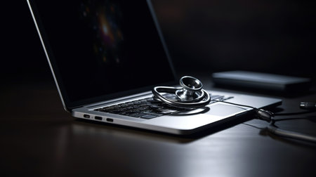 Stethoscope on a laptop keyboard. Medical or healthcare concept.の素材