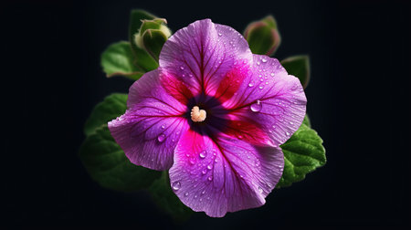 Beautiful purple petunia flower with water drops on a black backgroundの素材