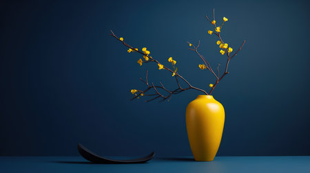 Yellow vase with blossoming branch on blue background. 3D renderingの素材