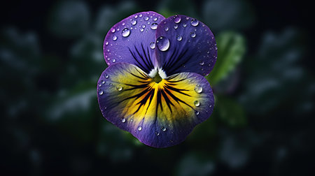 Colorful pansy flower with water drops on a dark background.の素材