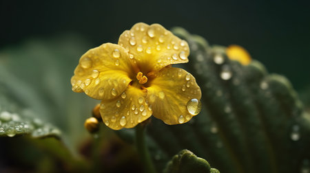 Beautiful yellow primula with dew drops, close-upの素材