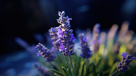 Beautiful lavender flowers on dark background. Selective focus.の素材