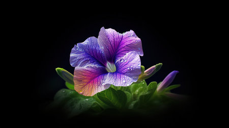 Purple and blue pansy flower with water drops on black backgroundの素材