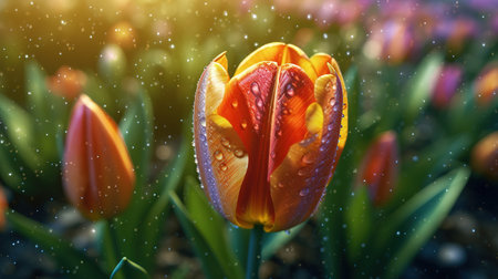 Beautiful tulip flowers blooming in the garden. Spring nature backgroundの素材