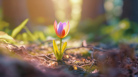 Beautiful crocus flower blooming in the forest. Spring concept.の素材