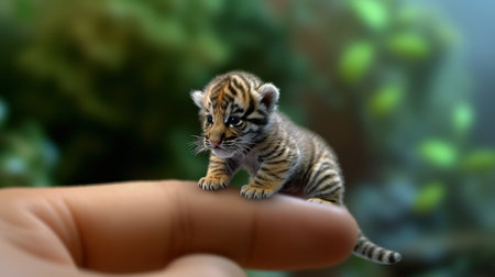 Cute tiger cub in human hand on blurred background, close upの素材