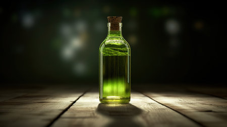 Glass bottle of olive oil on wooden planks. Selective focusの素材