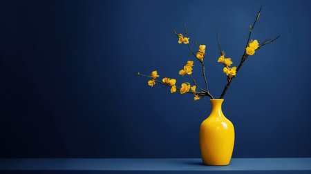 Yellow vase with blooming flowers on blue background. 3d renderingの素材