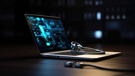 Stethoscope on a laptop. 3d rendering. Computer digital image.の素材