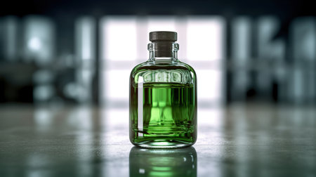 3D rendering of a bottle with a green liquid inside in a laboratoryの素材