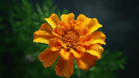 Beautiful marigold flower with water drops on a dark backgroundの素材
