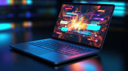 Laptop with glowing screen on dark background. 3D rendering.の素材