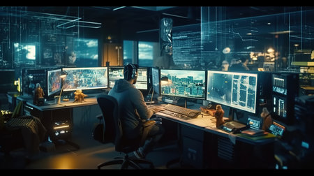 Security guards monitoring modern CCTV cameras in surveillance room. Multiethnic team of security guards in surveillance room.の素材