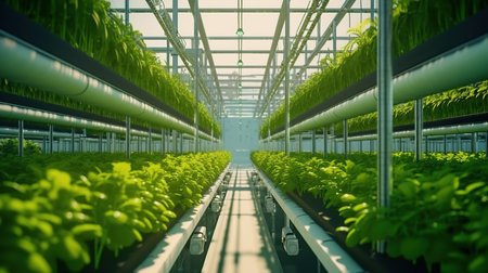 Organic hydroponic vegetables growing in greenhouse. 3D renderingの素材