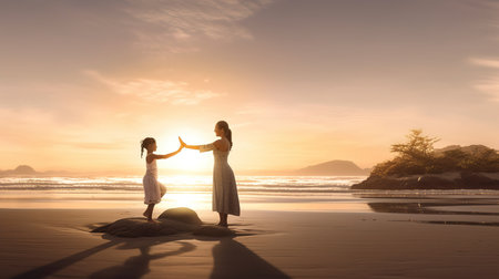 Mother and daughter play on the beach at sunset. Concept of friendly family.の素材