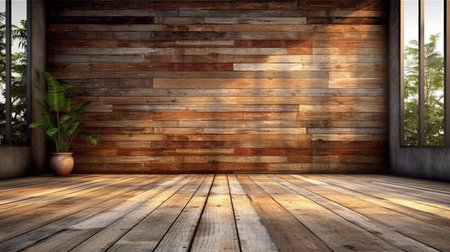 3D rendering of an empty room with a wooden floor and a plantの素材