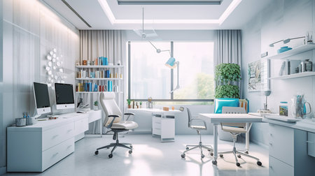3d Illustration of modern white office interior design. Workplace with computerの素材