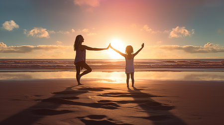 Mother and daughter playing on the beach at sunset. Concept of friendly family.の素材