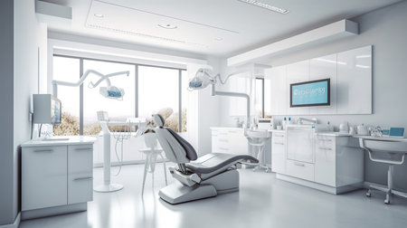 3d rendering of modern dental clinic interior with white chair and equipmentの素材